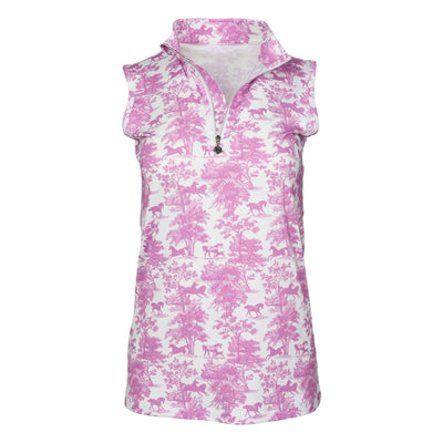 Dapplebay Equestrian Toile 1/4 Zip Light Riding Top - Sleeveless-Rose/White